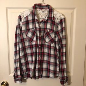 Black, white, red plaid long sleeve shirt w/ lace